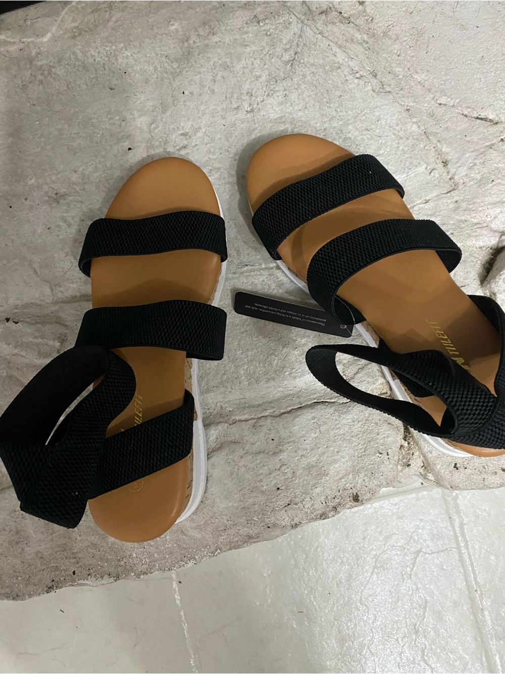 Women’s Black Strappy Casual Sandals with Cushioned Tan Footbed